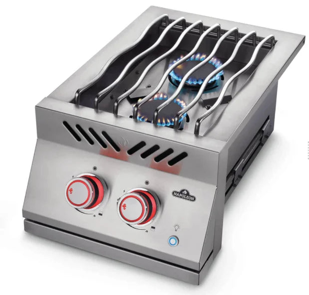 Napoleon Built-in 700 Series Inline Dual Range Top Burner, premium stainless steel construction, two powerful burners for dedicated cooking space, battery-free JETFIRE ignition and backlit SafetyGlow control knobs.