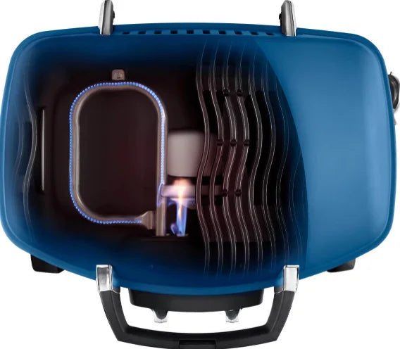 The Napoleon TravelQ 285 Gas Grill - Blue/Red features two stainless steel burners producing 12,000 BTUs of power, cooking up to 17 burgers at once across its 285 sq. in. grilling area, with porcelain-coated cast iron grids creating perfect sear marks and a high-top lid accommodating larger cuts.