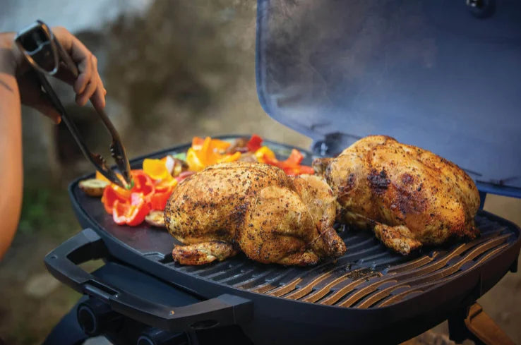 Napoleon TravelQ™ 285 Gas Grill - Blue/Red portable two-burner gas grill with stainless steel burners, WAVE porcelain-coated cast iron grids, and high-top cast aluminum lid for compact outdoor grilling.
