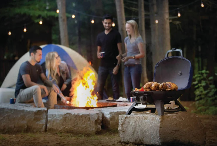 Napoleon TravelQ 285 Gas Grill - Blue/Red: compact portable two-burner grill with 285 sq in cooking area, WAVE porcelain-coated cast iron grids, and dual stainless steel tube burners for professional-level performance.