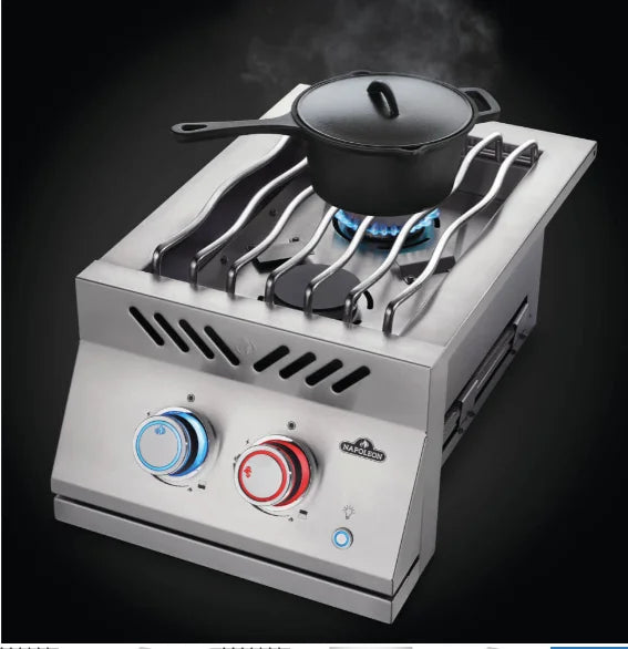 Napoleon Built-in 700 Series Inline Dual Range Top Burner, stainless steel construction, dual burners, 30,000 BTUs heat output, JETFIRE ignition, SafetyGlow control knobs.