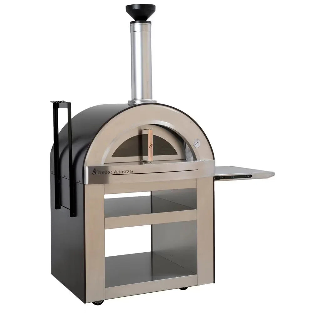 Forno Venetzia 'Torino 500' Copper - Authentic Italian outdoor pizza oven with copper dome finish, stainless steel cart, glass viewing window, firebrick hearth and ceramic insulation for precise heat retention.