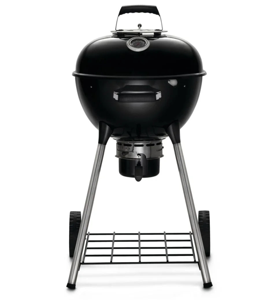 Napoleon Premium 18 Charcoal Kettle Grill features an 18-inch stainless steel cooking grid, Vortex heat management system, and adjustable air vents for precise temperature control in a compact, versatile design perfect for smaller patios and intimate gatherings.