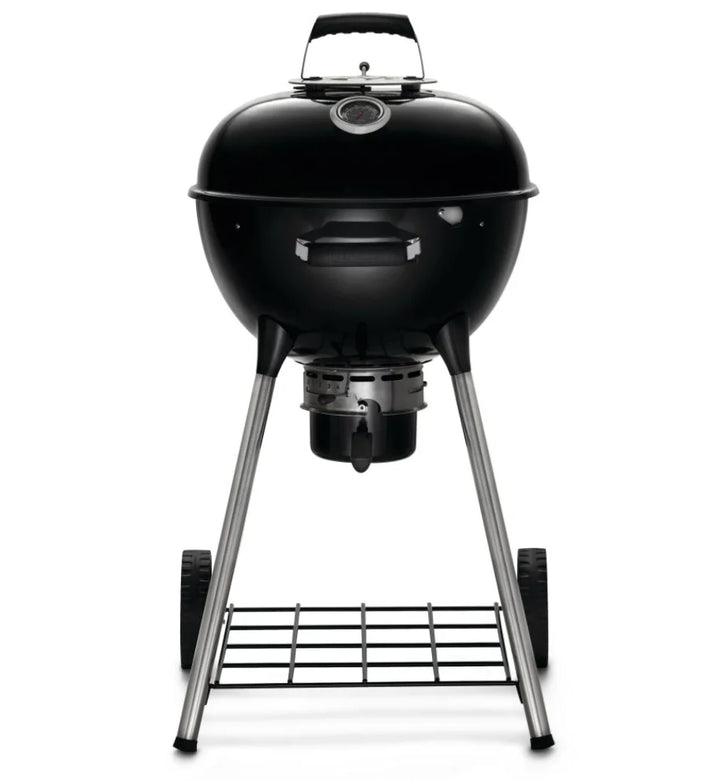 Napoleon Premium 18 Charcoal Kettle Grill features an 18-inch stainless steel cooking grid, Vortex heat management system, and adjustable air vents for precise temperature control in a compact, versatile design perfect for smaller patios and intimate gatherings.