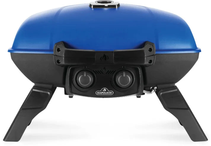 Napoleon TravelQ 285 compact portable gas grill with blue and red finish, featuring 2 stainless steel burners and WAVE porcelain-coated cast iron grids for even heat and sear marks.