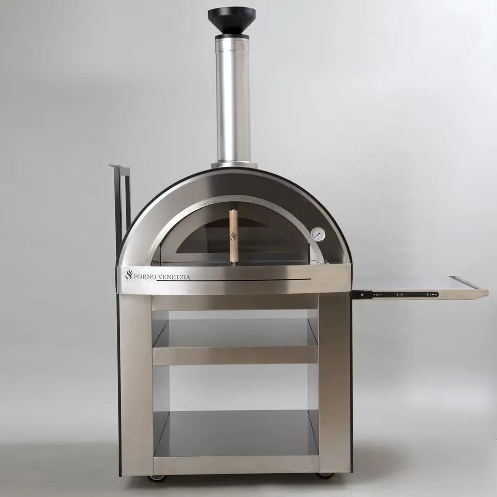 Forno Venetzia "Torino 500" Copper Outdoor Oven with copper dome finish, stainless steel cart, glass viewing window, firebrick hearth, ceramic insulation, and spacious cooking surface accommodating up to four pizzas.