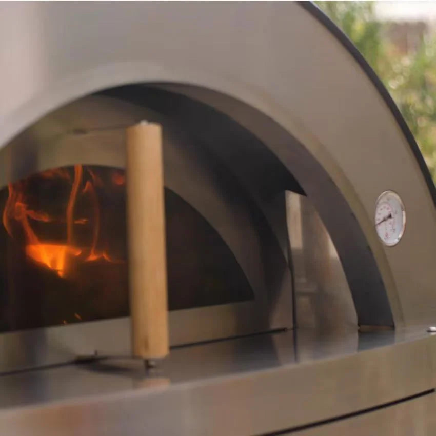 Forno Venetzia "Torino 500" Copper Outdoor Kitchen Oven - A handcrafted, freestanding oven with a large 32" × 24" cooking surface (768 sq. in.) accommodating up to four pizzas at once, featuring authentic Italian engineering, firebrick hearth, ceramic insulation, glass door, and durable copper dome finish.
