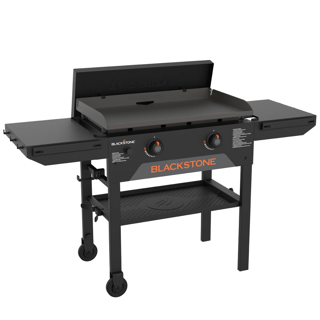 Blackstone Original 28-Inch Griddle with Hard Cover, featuring Omnivore Griddle Plate for efficient cooking, dual side shelves, electric ignition, and rear grease management system.