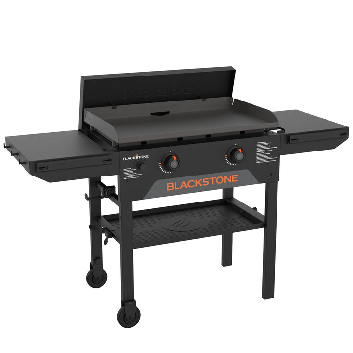 Blackstone Original 28-Inch Griddle with Hard Cover, featuring Omnivore Griddle Plate for efficient cooking, dual side shelves, electric ignition, and rear grease management system.