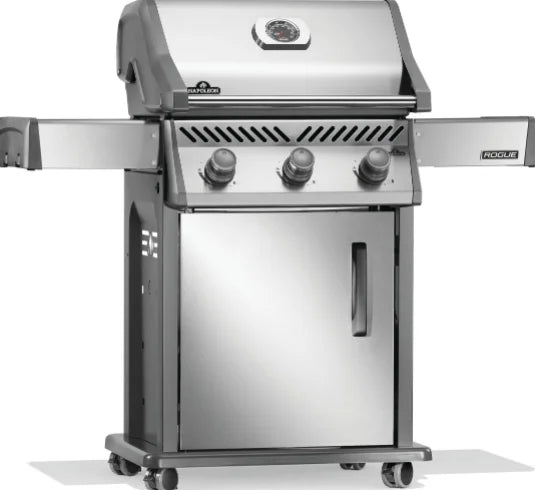 Napoleon Rogue 425 Propane Gas Grill, featuring three main burners, precision temperature control, and instant ignition for perfect grilling or roasting results.
