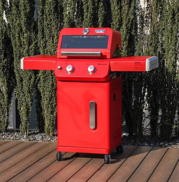 Monument Grills M200S Red Gas Grill - Mesa Series, Heartbeats Edition: A compact 2-burner red powder-coated propane gas grill with sleek design and premium features for outdoor cooking.