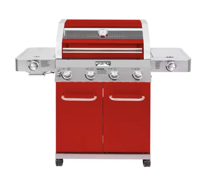 Monument Grills Red 4-Burner Gas Grill - Classic Series: Stainless steel propane grill with red powder-coated exterior, four burners, infrared side sear burner, and clear glass lid for enhanced cooking performance and style.