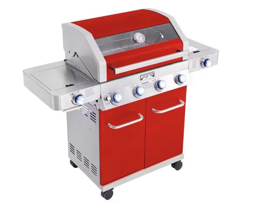 Monument Grills Red 4-Burner Gas Grill - Classic Series: A stunning red propane gas grill with stainless steel construction, delivering 72,000 BTUs and 723 sq. in. of cooking space, featuring four burners, an infrared side sear burner, a side burner, ClearView glass lid, and LED-backlit control knobs.