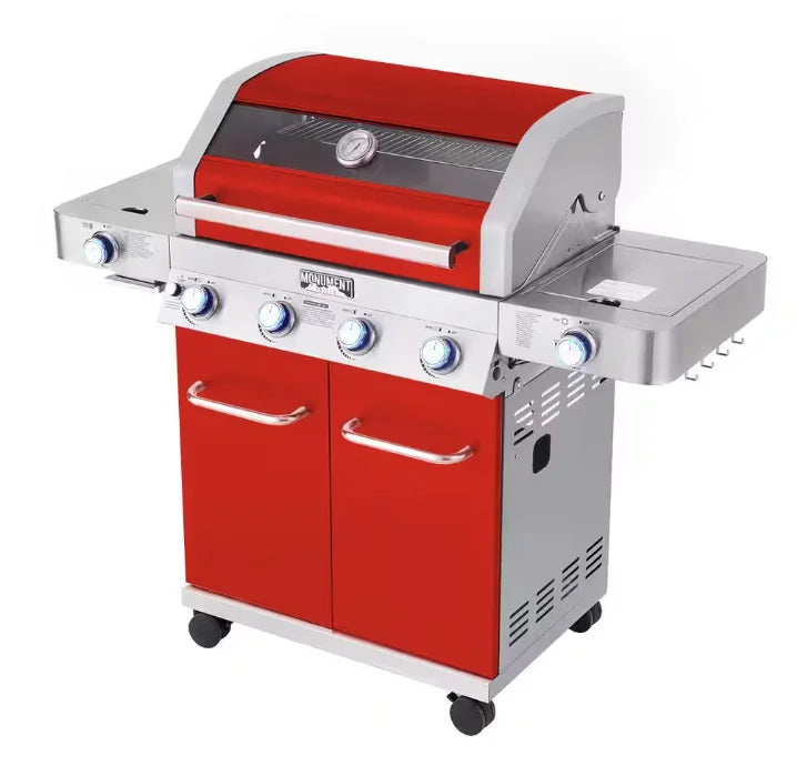 Monument Grills Red 4-Burner Gas Grill - Classic Series: A stunning RED stainless steel propane gas grill with powerful performance, vibrant outdoor appeal, four stainless steel burners, high-performance infrared side sear burner, and ClearView glass lid for precision cooking and timeless design.