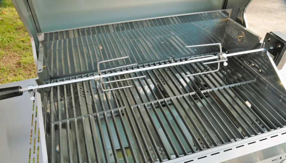 Monument Grills Rotisserie Kit for All 6-Burner Grills: stainless-steel rotisserie kit designed for strength, balance, and performance, featuring precision-engineered rod and fork system for even rotation and consistent browning.