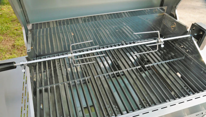 Monument Grills Rotisserie Kit for All 6-Burner Grills: stainless-steel rotisserie kit designed for strength, balance, and performance, featuring precision-engineered rod and fork system for even rotation and consistent browning.