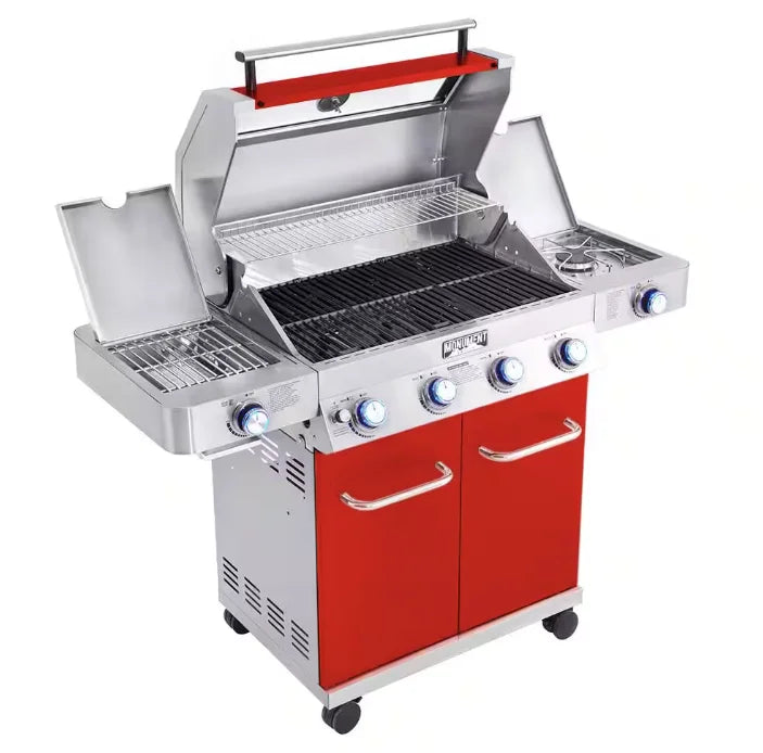 Monument Grills Red 4-Burner Gas Grill - Classic Series: Vibrant RED stainless steel propane gas grill with four burners, infrared side sear burner, and extra side burner for versatile outdoor cooking.
