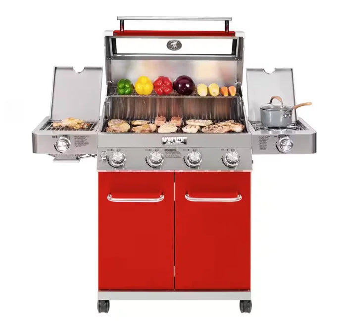 Monument Grills Red 4-Burner Gas Grill - Classic Series: A vibrant red stainless steel propane grill with four burners, infrared side sear burner, and clear glass lid for even heat distribution and professional results.