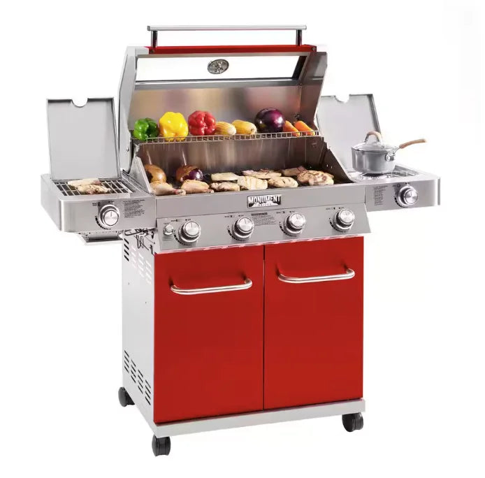 Monument Grills Red 4-Burner Gas Grill - Classic Series: Durable stainless steel construction, four powerful burners, infrared side sear burner, and clear glass lid for professional results and exceptional flavor.