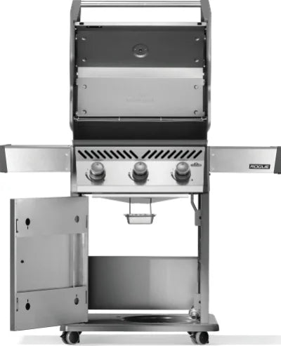 Napoleon Rogue 425 Propane Gas Grill features three main burners, porcelainized cast iron WAVE cooking grids, and dual-level stainless steel sear plates for even heat and flawless results.