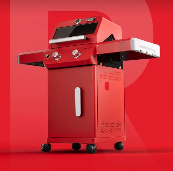 Monument Grills 'M200S' Red Gas Grill - Mesa Series Heartbeats Edition: A vibrant 2-burner propane grill featuring a bold red powder-coated finish, compact design, and 30,000 BTU total output for even heat across its porcelain-coated cast iron grates.