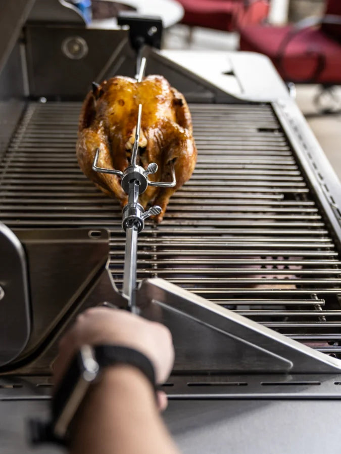 Monument Grills Rotisserie Kit for All 6-Burner Grills - Stainless Steel, durable rotisserie kit with precision-engineered rod and fork system for even rotation and moisture retention.