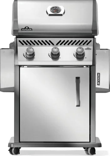 Napoleon Rogue 425 Propane Gas Grill features three main burners, porcelainized cast iron cooking grids, and instant battery-free ignition for precise temperature control.