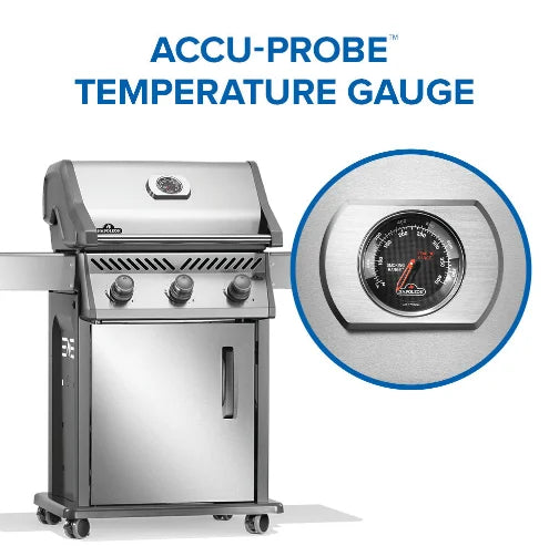 Napoleon Rogue 425 Propane Gas Grill features three main burners, precise temperature control, and instant ignition for perfect grilling results. Porcelainized cast iron cooking grids provide even heat and sear marks. Durable stainless steel construction resists rust and weather damage, with folding side shelves and locking caster wheels for easy mobility and storage.
