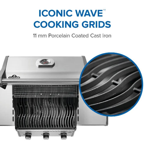 Napoleon Rogue® 425 Propane Gas Grill features three main burners, porcelainized cast iron WAVE cooking grids, dual-level stainless steel sear plates and folding side shelves.