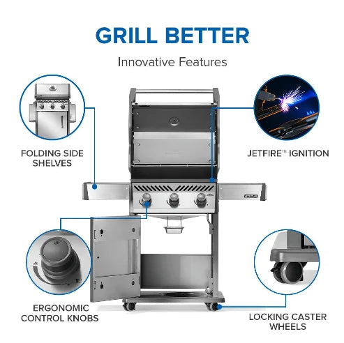 Napoleon Rogue® 425 Propane Gas Grill features three main burners with precise temperature control, porcelainized cast iron WAVE™ cooking grids, and dual-level stainless steel sear plates for perfect grilling and roasting results.