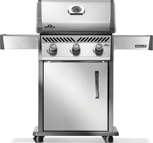 Napoleon Rogue 425 Propane Gas Grill features three main burners, porcelainized cast iron WAVE cooking grids, and dual-level stainless steel sear plates for even heat distribution and reduced flare-ups.