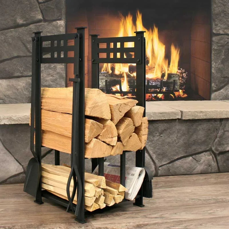 Pilgrim Portfolio Hearth Center: A solid steel, matte black fireplace companion with integrated wood storage and suspended tools for refined organization and artisan-grade craftsmanship.