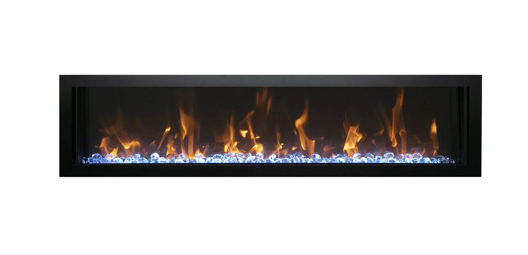 Remii WM-SLIM Smart Electric Fireplace-55", modern, sleek, wall-mounted or recessed electric fireplace featuring realistic flames, WiFi controls, remote app, and full feature remote control with 11 multi-color uplighting options and 5 flame settings in yellow, orange, and red.