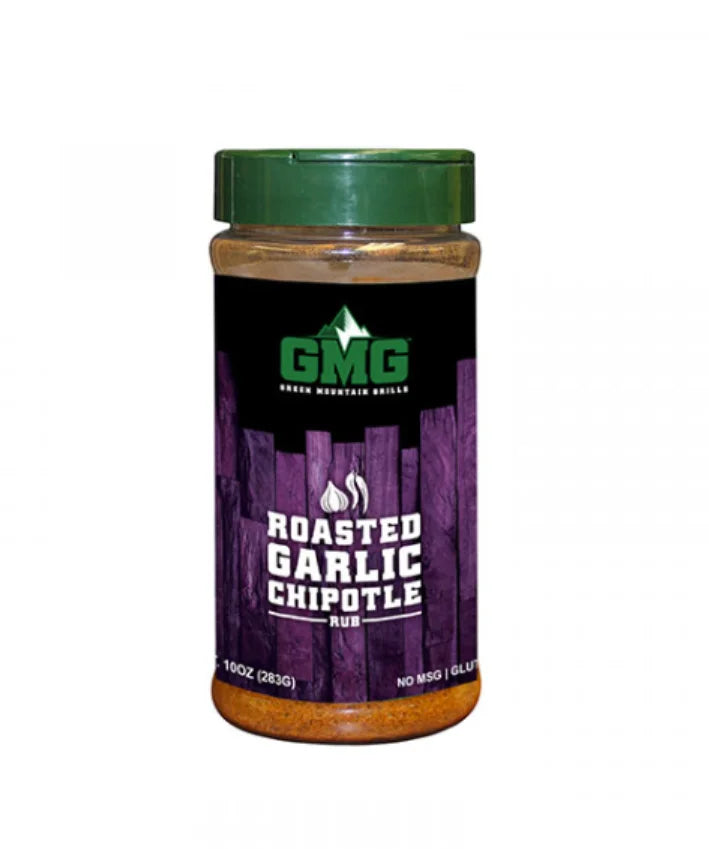 Green Mountain Grills Roasted Garlic Chipotle Dry Rub adds bold, smoky flavor to meats, poultry, seafood, and vegetables with roasted garlic, chipotle peppers, and jalapeño.