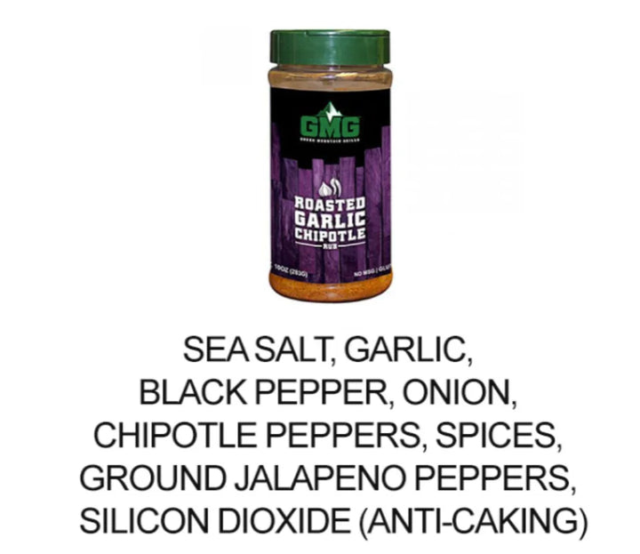 Roasted Garlic Chipotle Dry Rub: A smoky, garlicky blend with chipotle peppers, sea salt, black pepper, and aromatic spices adds depth to meats, poultry, seafood, and vegetables.