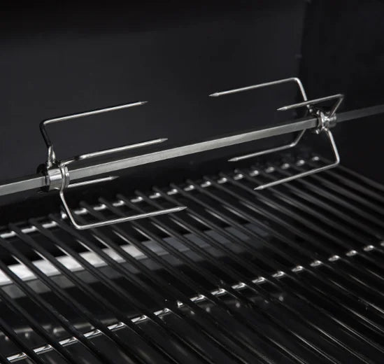 Green Mountain Grills GMG Rotisserie Kit for LEDGE/DBWF Prime+, converting pellet grill into wood-fired rotisserie oven for slow roasting and smoking.