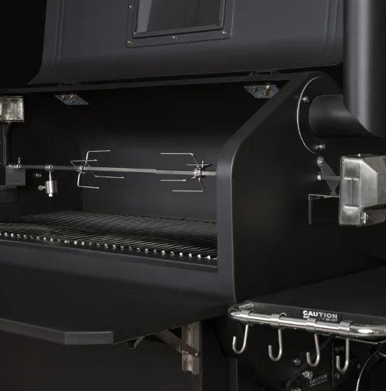 GMG Rotisserie Kit - PEAK/JBWF Prime+: Heavy-duty rotisserie attachment for GMG pellet grills, converting them into wood-fired ovens for slow-roasting meats to tender, juicy perfection.