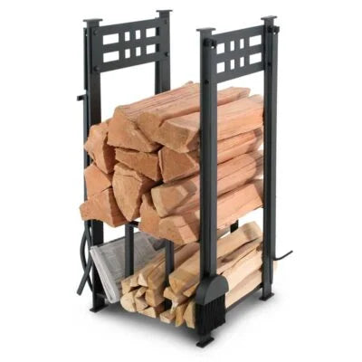 Pilgrim Portfolio Hearth Center - A beautifully crafted, all-in-one hearth companion featuring integrated wood storage and elegantly suspended tools in a rich matte black finish, weighing 36 lbs for optimal stability.