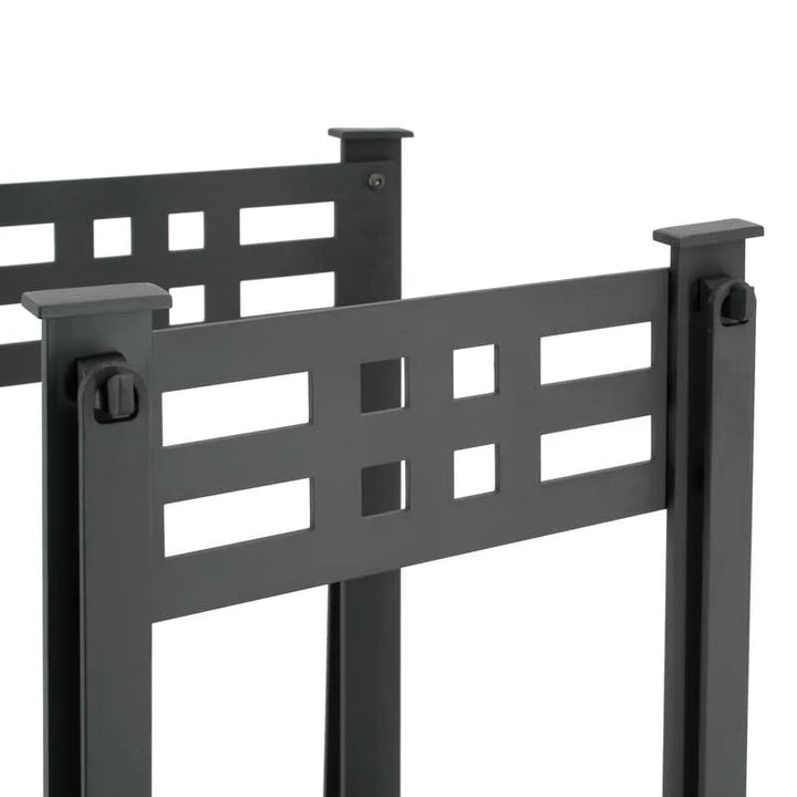 Pilgrim Portfolio Hearth Center: an all-in-one hearth companion featuring integrated wood storage and elegantly suspended tools in a rich matte black finish.