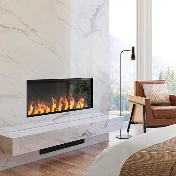 Dimplex 46-Inch Opti-Myst Linear Electric Fireplace with realistic flame and smoke effects, customizable width and intensity, and integrated crackling sound effects for an immersive ambiance.