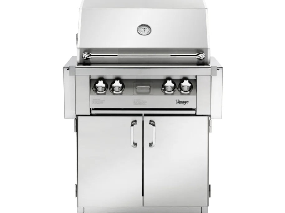 Vintage Grills 30-Inch Freestanding Gas Grill (VBQ30G) features dual 27,500 BTU stainless steel burners, rotisserie system, and smoking drawer for versatile outdoor cooking.