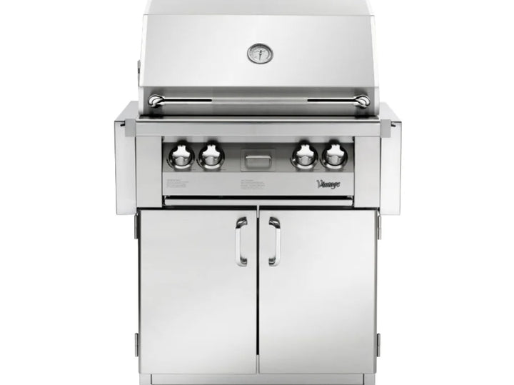 Vintage Grills 30-Inch Freestanding Gas Grill (VBQ30G) features dual 27,500 BTU stainless steel burners, rotisserie system, and smoking drawer for versatile outdoor cooking.