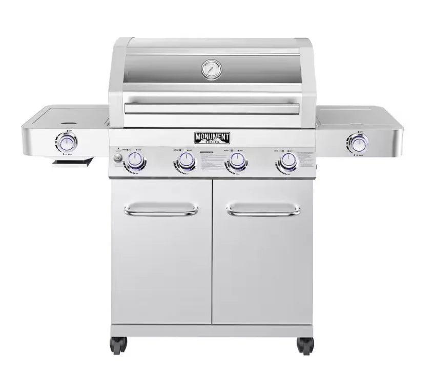 Monument Grills Classic Series 35633 Stainless Steel 4-Burner Gas Grill: high-performance propane grill with four stainless steel burners, side sear station, and clear-view glass lid, delivering 72,000 BTUs of heat output across 723 sq. in. of total cooking space.