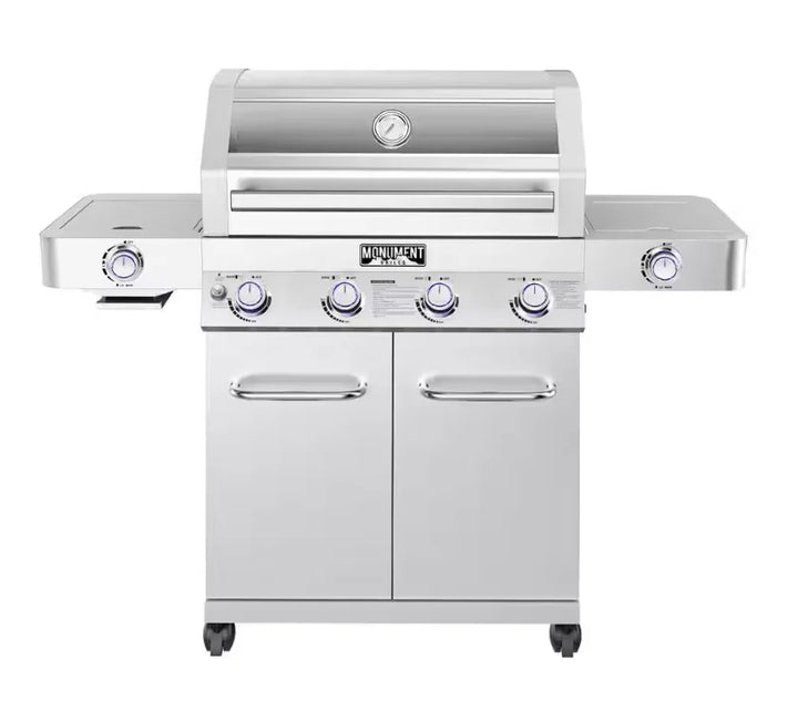Monument Grills Classic Series 35633 Stainless Steel 4-Burner Gas Grill: high-performance propane grill with four stainless steel burners, side sear station, and clear-view glass lid, delivering 72,000 BTUs of heat output across 723 sq. in. of total cooking space.