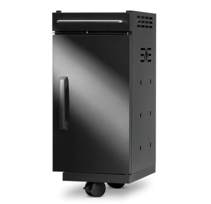 Napoleon Rogue PRO-S Under Grill Storage Cart (1 Cart) - Sleek matte black exterior and stainless steel cabinet with top drawer, storage divider, tool hooks, and reversible orientation for seamless integration.