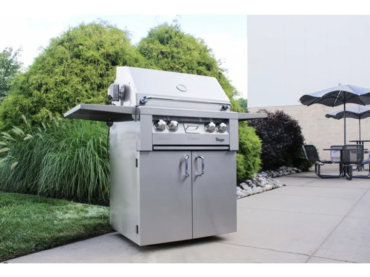 Vintage Grills 30-Inch Freestanding Gas Grill with dual stainless steel burners, rotisserie system, smoking drawer, and premium #304 stainless steel construction.
