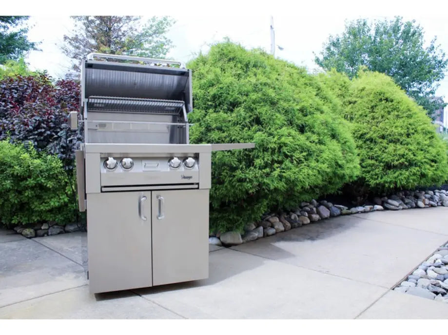 Vintage Grills 30-Inch Freestanding Gas Grill, made from premium #304 stainless steel, features two 27,500 BTU burners, infrared rotisserie burner, and built-in smoking system.