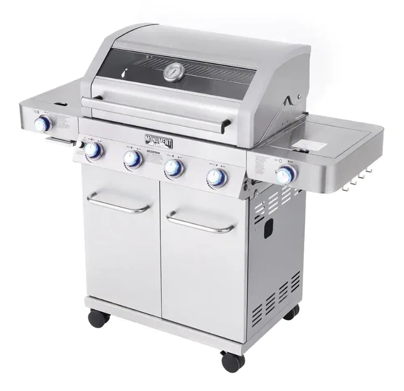Monument Grills Classic Series 35633 Stainless Steel 4-Burner Gas Grill - A high-performance, full-featured propane gas grill featuring four stainless steel burners, an integrated side sear station, and a side burner with clear-view glass lid, providing 72,000 BTUs of heat output and 723 sq. in. of total cooking space.