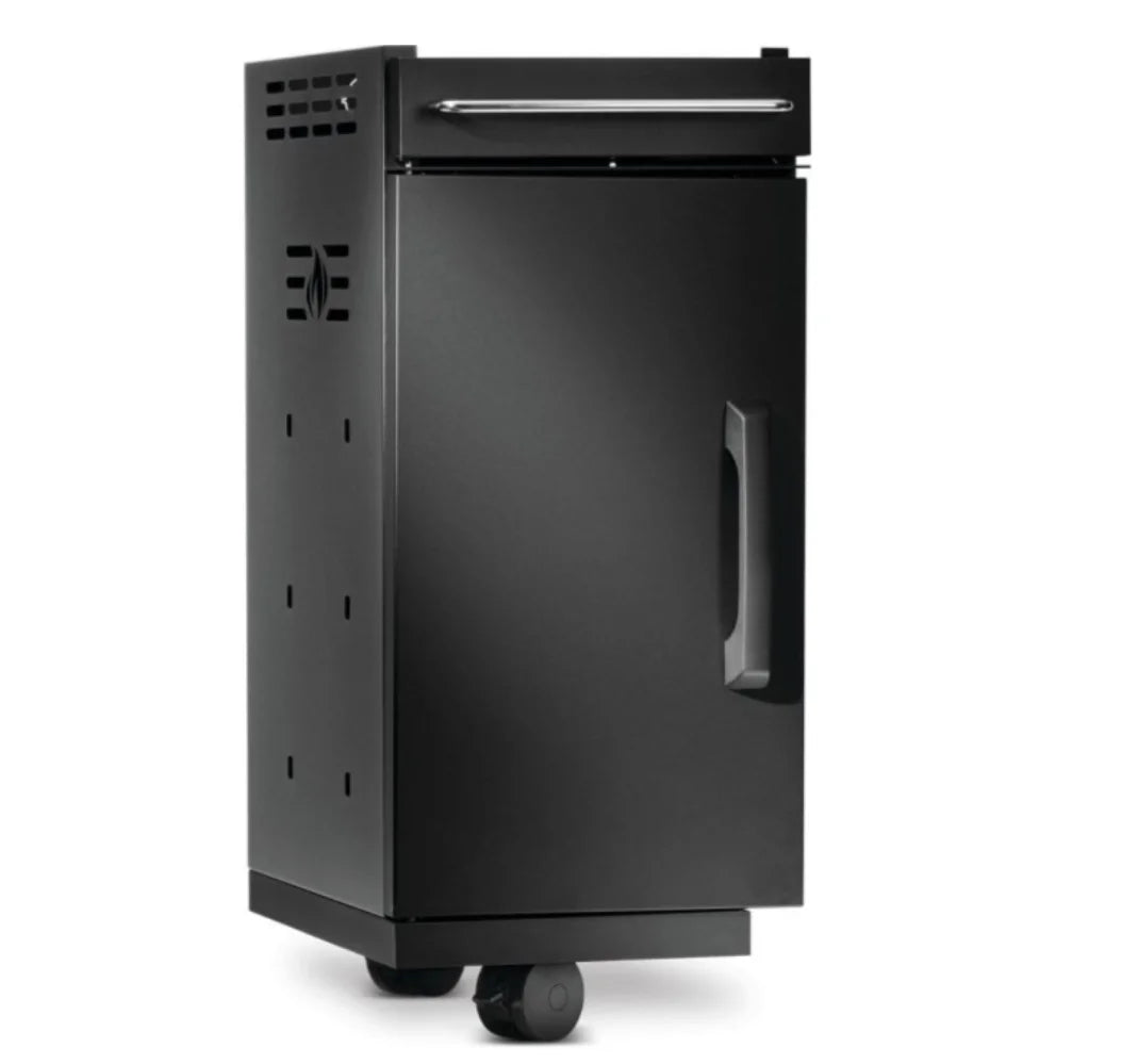 Napoleon Rogue PRO-S Under Grill Storage Cart features sleek matte black exterior and premium stainless steel cabinet design with smooth-rolling locking caster wheels, top drawer, and integrated storage divider.