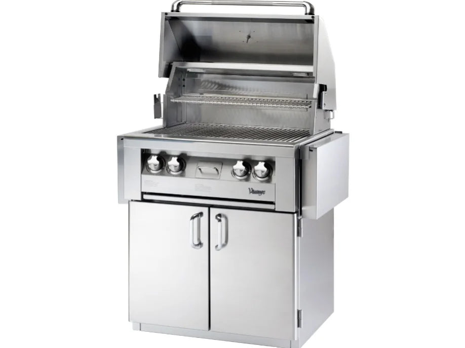 Vintage Grills 30-Inch Freestanding Gas Grill (VBQ30G) features dual burners, rotisserie system, smoking drawer, and premium stainless steel construction for outdoor culinary luxury.